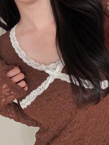 DAZY Textured Elastic Fabric Contrast Lace Trim Slim Fit Long Sleeve V-Neck Elegant Sexy Vacation Spring Autumn Women Blouse Y2k - Brown - View 3
