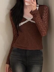 DAZY Textured Elastic Fabric Contrast Lace Trim Slim Fit Long Sleeve V-Neck Elegant Sexy Vacation Spring Autumn Women Blouse Y2k - Brown - View 5