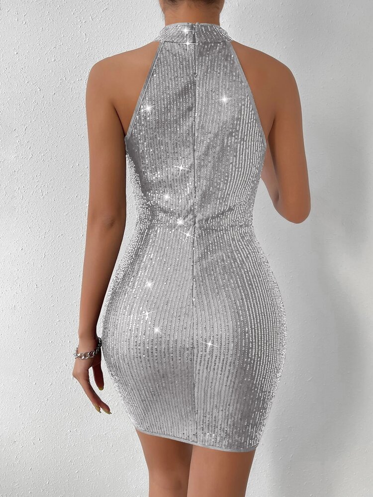 SHEIN Allurite Váy bodycon cổ yếm xếp nếp sequin cho trang phục dự tiệc năm mới - Bạc - Xem 3