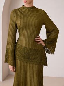 Graceveil Elegant Textured Vertical Stripe Contrast Lace Long Sleeve Cinched Waist Tie Top & Mermaid Contrast Lace Skirt, 2 Pieces Set For Daily Commute, Autumn - Green - View 7