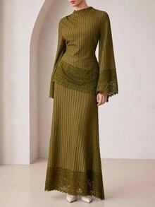 Graceveil Elegant Textured Vertical Stripe Contrast Lace Long Sleeve Cinched Waist Tie Top & Mermaid Contrast Lace Skirt, 2 Pieces Set For Daily Commute, Autumn - Green - View 4