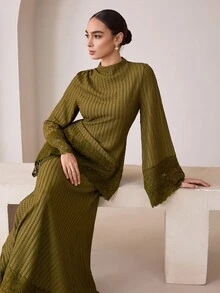Graceveil Elegant Textured Vertical Stripe Contrast Lace Long Sleeve Cinched Waist Tie Top & Mermaid Contrast Lace Skirt, 2 Pieces Set For Daily Commute, Autumn - Green - View 9