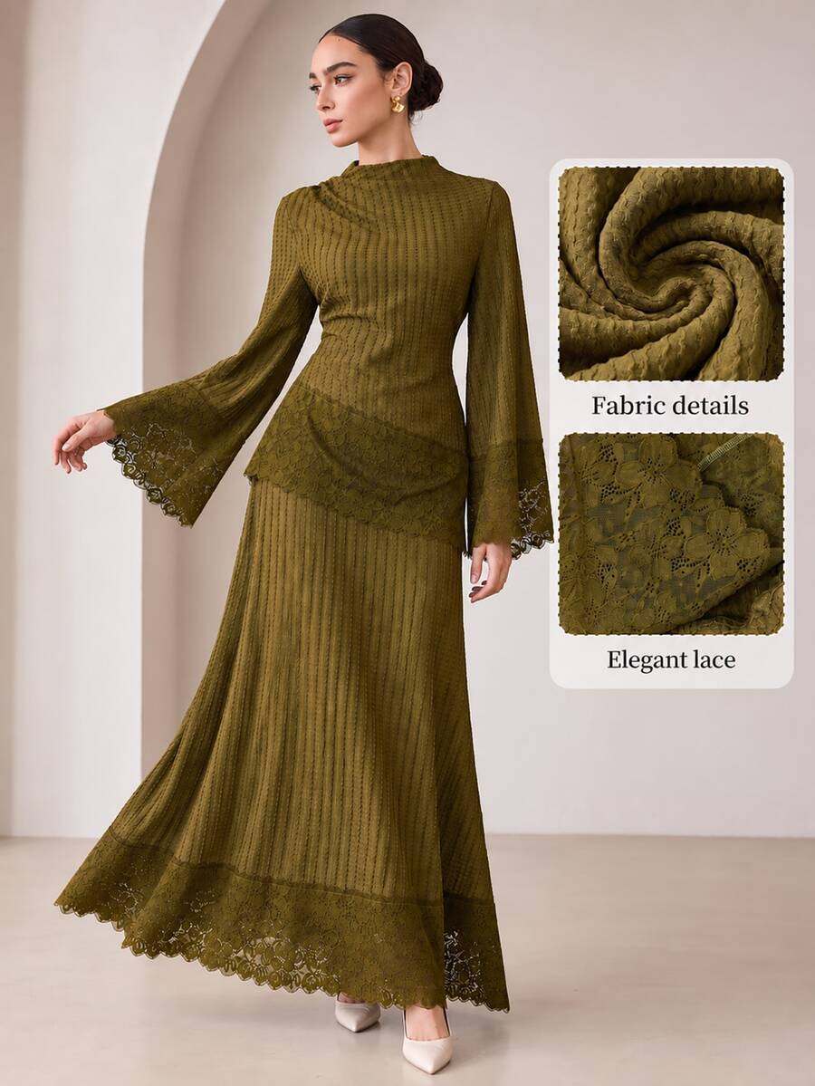 Graceveil Elegant Textured Vertical Stripe Contrast Lace Long Sleeve Cinched Waist Tie Top & Mermaid Contrast Lace Skirt, 2 Pieces Set For Daily Commute, Autumn