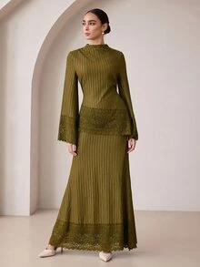 Graceveil Elegant Textured Vertical Stripe Contrast Lace Long Sleeve Cinched Waist Tie Top & Mermaid Contrast Lace Skirt, 2 Pieces Set For Daily Commute, Autumn - Green - View 8