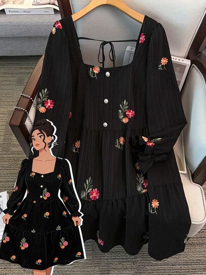 GlowEve CURVE Plus Size Women's Best Selling Square Neck Elegant Fresh Embroidered Fabric Square Neck A-Line Doll Style Long Sleeve Dress, Exquisite Embroidery Backless Tie Design With Faux Pearl Buttons, Suitable For Daily Commute, Outing, Dating, Gathering And Travel Wear