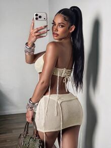 Bumpella Women's Summer Sexy Ultra Short Bandeau Knit Top & Mini Skirt 2 Pieces Set - Apricot - View 2