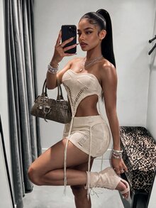 Bumpella Women's Summer Sexy Ultra Short Bandeau Knit Top & Mini Skirt 2 Pieces Set - Apricot - View 3