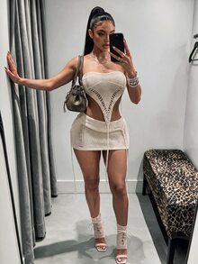 Bumpella Women's Summer Sexy Ultra Short Bandeau Knit Top & Mini Skirt 2 Pieces Set - Apricot - View 1