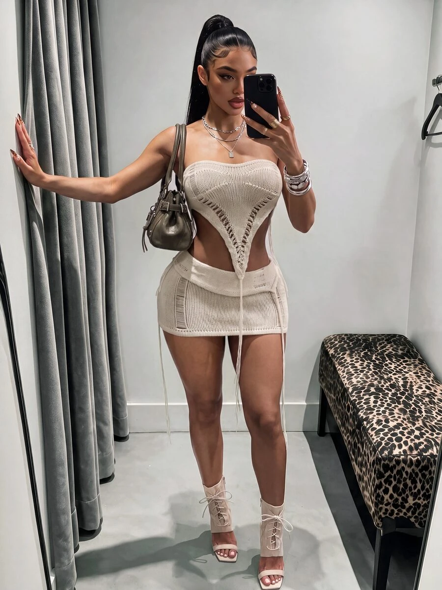 Bumpella Women's Summer Sexy Ultra Short Bandeau Knit Top & Mini Skirt 2 Pieces Set - Apricot - View 1
