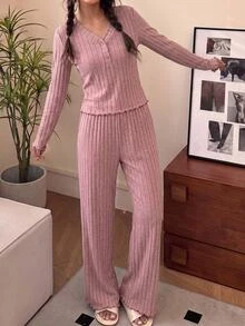 SHEIN Tween Girl Girls Two Kids Pieces Fleece V-Neck Long- Pajamas Set For Young Girl, Suitable For Autumn, Winter, Halloween, And Christmas Parties. - Pink - View 5