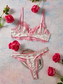 Elorette Women's Lace Patchwork Spaghetti Strap Bra And Triangle Panty ...