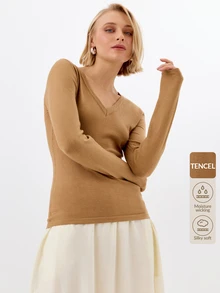 KÆRIA Hus Fitted V Neck Long Sleeve Top - Fine Gauge Knit - Camel Brown - Elegant, Casual, Luxury, Layering, Thanksgiving, Office, Autumn - Brown - View 8
