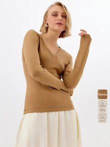 KÆRIA Hus Fitted V Neck Long Sleeve Top - Fine Gauge Knit - Camel Brown - Elegant, Casual, Luxury, Layering, Thanksgiving, Office, Autumn - Brown - View 9