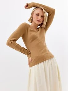 KÆRIA Hus Fitted V Neck Long Sleeve Top - Fine Gauge Knit - Camel Brown - Elegant, Casual, Luxury, Layering, Thanksgiving, Office, Autumn - Brown - View 6