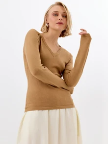 KÆRIA Hus Fitted V Neck Long Sleeve Top - Fine Gauge Knit - Camel Brown - Elegant, Casual, Luxury, Layering, Thanksgiving, Office, Autumn - Brown - View 1