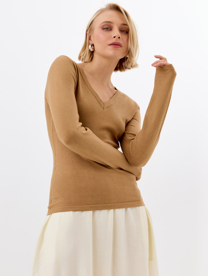 KÆRIA Hus Fitted V Neck Long Sleeve Top - Fine Gauge Knit - Camel Brown - Elegant, Casual, Luxury, Layering, Thanksgiving, Office, Autumn