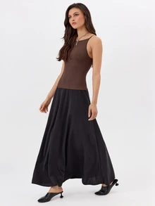 KÆRIA Hus Cami Maxi Dress - Mixed Media Knit - Chocolate Brown - Elegant, Luxury, Bodycon, Occasion - Black - View 3