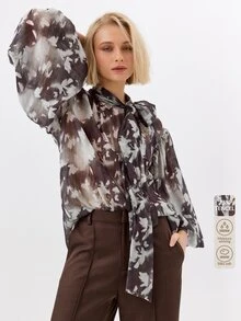 KÆRIA Hus Blus dengan Dasi Kupu-kupu, Lengan Balon, dan Motif Bunga Bayangan - Elegan, Mewah, Liburan - MultiWarna - View 9