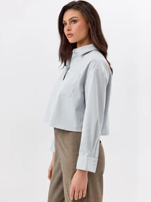 KÆRIA Hus Cropped Boxy Button Down Shirt - Compact Woven - Pale Blue - Elegant, Casual, Luxury, Workwear - Blue - View 2