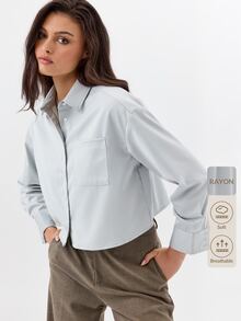 KÆRIA Hus Cropped Boxy Button Down Shirt - Compact Woven - Pale Blue - Elegant, Casual, Luxury, Workwear - Blue - View 8
