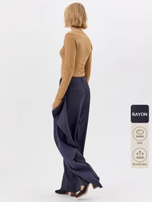 KÆRIA Hus Wide Leg Sash Detail Pant - Acetate Blend Twill - Midnight Navy - Elegant, Luxury, Formal, Modern - Grey - View 8