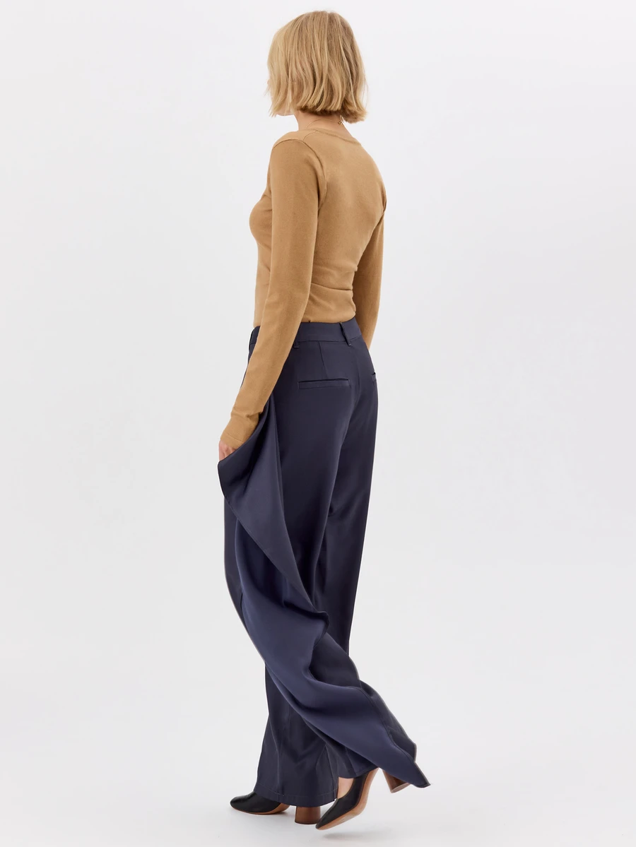 KÆRIA Hus Wide Leg Sash Detail Pant - Acetate Blend Twill - Midnight Navy - Elegant, Luxury, Formal, Modern - Grey - View 1
