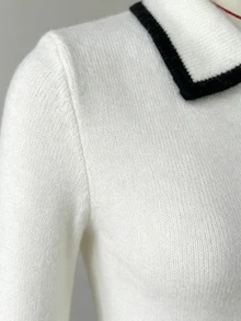 Sweetra 女款黑白對比鈕扣翻領時尚休閒修身顯瘦通勤簡約百搭性感運動風荷葉邊針織洋裝 - 黑與白 - 查看 7