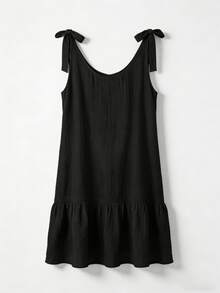 SHEIN Swim Basics Women's Summer Beach Solid Color Sleeveless Tie Shoulder Shell Button Ruffle Hem Vacation Kaftan Dress - Black - View 7