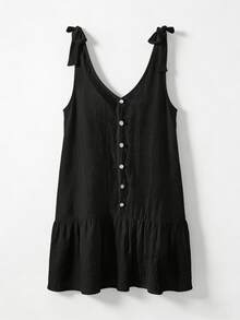 SHEIN Swim Basics Women's Summer Beach Solid Color Sleeveless Tie Shoulder Shell Button Ruffle Hem Vacation Kaftan Dress - Black - View 6