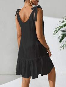 SHEIN Swim Basics Women's Summer Beach Solid Color Sleeveless Tie Shoulder Shell Button Ruffle Hem Vacation Kaftan Dress - Black - View 2