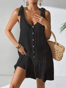 SHEIN Swim Basics Women's Summer Beach Solid Color Sleeveless Tie Shoulder Shell Button Ruffle Hem Vacation Kaftan Dress - Black - View 1