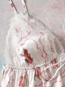 Elorette Pink Satin Kawaii Cute Coquette Babydoll Lolita Full Body Floral Print Lace Patchwork Tie-Up Romantic Pastoral Women's Pajama Top - Pink - View 4