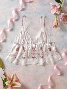 Elorette Pink Satin Kawaii Cute Coquette Babydoll Lolita Full Body Floral Print Lace Patchwork Tie-Up Romantic Pastoral Women's Pajama Top - Pink - View 2