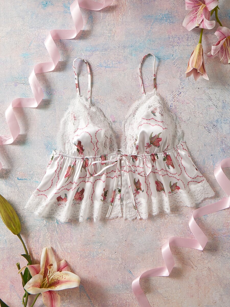 Elorette Pink Satin Kawaii Cute Coquette Babydoll Lolita Full Body Floral Print Lace Patchwork Tie-Up Romantic Pastoral Women's Pajama Top - Pink - View 1