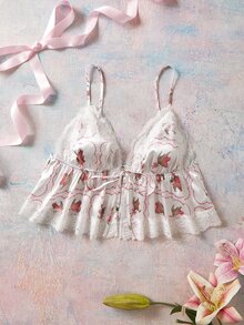 Elorette Pink Satin Kawaii Cute Coquette Babydoll Lolita Full Body Floral Print Lace Patchwork Tie-Up Romantic Pastoral Women's Pajama Top - Pink - View 5
