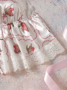 Elorette Pink Satin Kawaii Cute Coquette Babydoll Lolita Full Body Floral Print Lace Patchwork Tie-Up Romantic Pastoral Women's Pajama Top - Pink - View 3