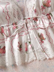 Elorette Pink Satin Kawaii Cute Coquette Babydoll Lolita Full Body Floral Print Lace Patchwork Tie-Up Romantic Pastoral Women's Pajama Top - Pink - View 6