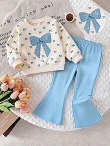 Baby Girl Bow Pattern Print Crew Neck Sweatshirt And Flared Pants Set - Multicolor - View 3