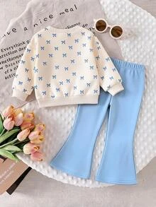 Baby Girl Bow Pattern Print Crew Neck Sweatshirt And Flared Pants Set - Multicolor - View 2