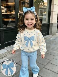 Baby Girl Bow Pattern Print Crew Neck Sweatshirt And Flared Pants Set - Multicolor - View 1