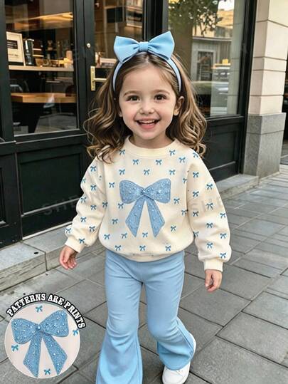 Baby Girl Bow Pattern Print Crew Neck Sweatshirt And Flared Pants Set