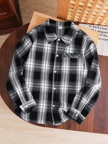 SHEIN Little Byeori 兒童青少年男孩休閒日常舒適黑白格紋翻領寬鬆長袖梭織鈕扣襯衫，適合通勤、上學、日常休閒、度假、旅行、運動，秋冬穿著 - 黑色 - 查看 5