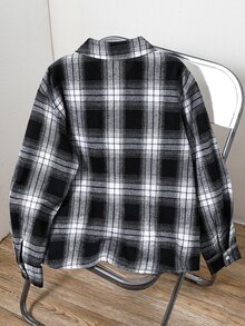 SHEIN Little Byeori 兒童青少年男孩休閒日常舒適黑白格紋翻領寬鬆長袖梭織鈕扣襯衫，適合通勤、上學、日常休閒、度假、旅行、運動，秋冬穿著 - 黑色 - 查看 3