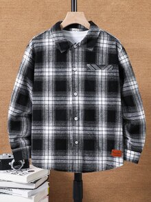 SHEIN Little Byeori 兒童青少年男孩休閒日常舒適黑白格紋翻領寬鬆長袖梭織鈕扣襯衫，適合通勤、上學、日常休閒、度假、旅行、運動，秋冬穿著 - 黑色 - 查看 6
