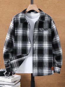 SHEIN Little Byeori 兒童青少年男孩休閒日常舒適黑白格紋翻領寬鬆長袖梭織鈕扣襯衫，適合通勤、上學、日常休閒、度假、旅行、運動，秋冬穿著 - 黑色 - 查看 4
