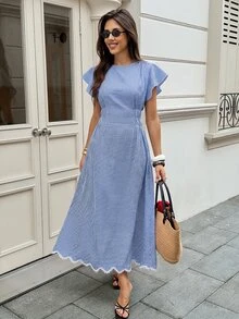 Serisse 女款格紋圓領荷葉邊短袖優雅長洋裝 - 彩色 - 查看 7