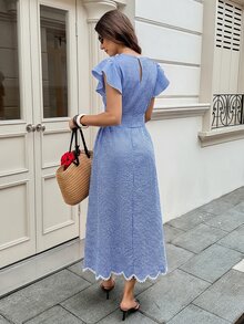 Serisse 女款格紋圓領荷葉邊短袖優雅長洋裝 - 彩色 - 查看 2