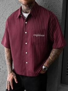 SLATEMANN Men's Letter Print Striped Casual Daily Wear Shirt - Red - View 2
