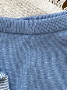 SHEIN 男嬰條紋拼色長袖毛衣與長褲套裝 秋冬款 - 藍色 - 查看 5
