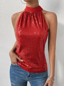 SHEIN Allurite 女士红色系带露背亮片吊带衫，无袖弹力性感上衣，适合约会/派对/夜店/街头/情人节/生日/圣诞节/万圣节/春季/夏季/秋季/冬季商务休闲/音乐会/办公室/新年/秋季/婚礼宾客等场合穿着。 - 紅色 - 查看 6